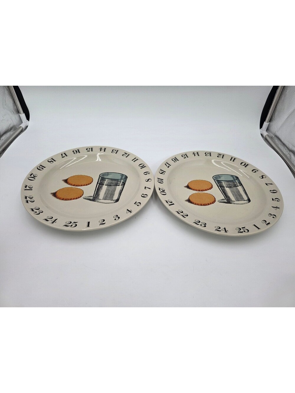 Set of 2 Vintage Ceramic Dessert Plates with Numbered Border and Cookie Design